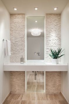 a bathroom with a sink, mirror and plants on the counter in front of it