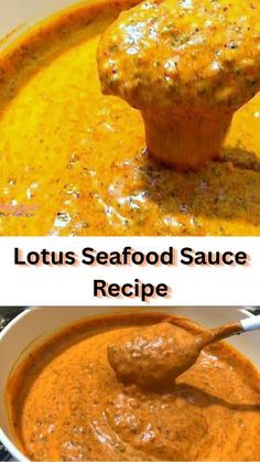 two pictures with different types of sauces in the same bowl and one is being spooned into it