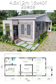 the floor plan for a small house with 2 bedroom and 1 bathroom, including an attached garage