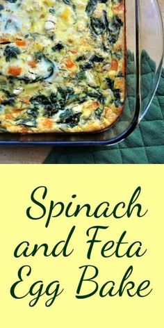 spinach and feta egg bake in a glass casserole dish on a green towel