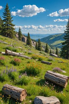 some logs are laying in the grass on a mountain side with flowers and trees around them