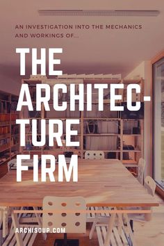 an advertisement for the architecture firm with chairs and tables in front of bookshelves