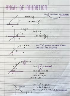 a piece of paper with writing on it that says, angle of inflnation