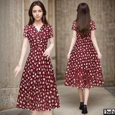 Fisdy - Red Collar Printed Dress with Floral Patterns Basic Skirt, Floral Pattern Design, Red Collar, Printed Dress, Types Of Skirts, Collar Dress, Olivia Mark, Red Floral, A Line Skirt