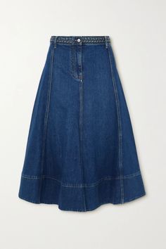 Braided Denim, Bottega Veneta Mules, Diy Denim Skirt, Bottega Veneta Clutch, Valentino Clothing, Denim Ideas, Denim Diy, Stylish Clothes, Denim Midi Skirt