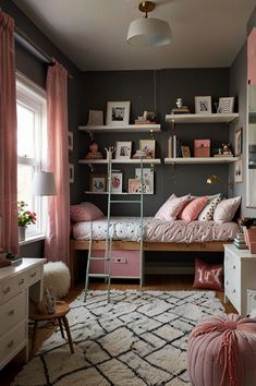 a bedroom with gray walls and pink accents