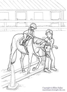 a coloring page with a horse and rider in the middle of an obstacle course for children to learn how to ride