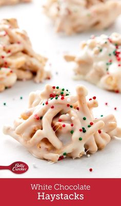 white chocolate haystacks with sprinkles on top and the title overlay reads, white chocolate haystacks