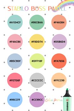 the color chart for stabio boss pastel, which includes different colors and sizes