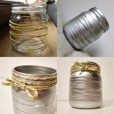 two jars with rope wrapped around them sitting on a table