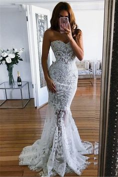 Timeless Long Mermaid Sweetheart Wedding Dresses With Lace Appliques-Wedding Dresses-BallBride Gown Neckline, Mermaid Sweetheart, Applique Wedding, Sweetheart Wedding Dress, Lace Mermaid, A Wedding Dress