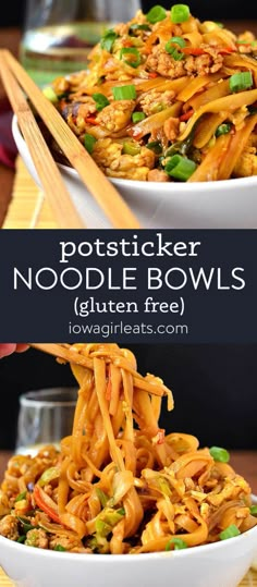 two bowls filled with noodles and vegetables on top of each other, one has chopsticks in it