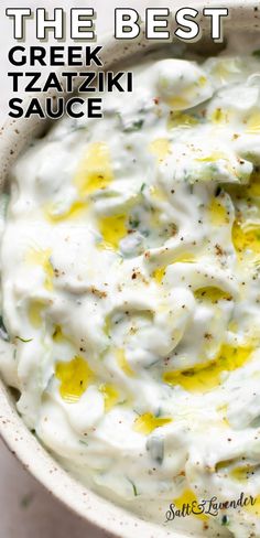 the best greek tzatziki sauce in a white bowl