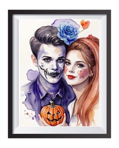 a watercolor painting of a man and woman holding a pumpkin