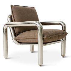 a chair with a brown cushion and metal frame on the armrests is shown in front of a white background