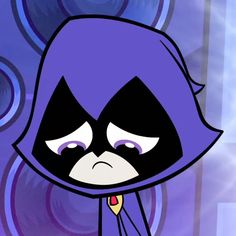 a cartoon character with purple hair and eyes