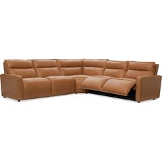 a brown leather sectional sofa with two recliners on the bottom and one end