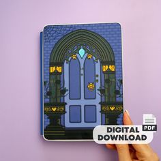 a hand is holding up a blue door sticker on a purple wall with the words digital