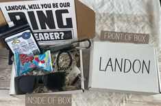 Put a smile on your ring bearer's face by giving him a proposal gift box from Weekend Creation Co! This gift set is full of items that your ring bearer will love and actually use! It's the perfect way to ask your ring bearer to be apart of your big day or gift box can be customized to thank your ring bearer for making your wedding even more memorable. Each gift set includes the following:  * (1) 7X5X2 gift box with ring bearer's name personalized on the front * (1) Message card attached to the i Ring Bearer Proposal Box, Ring Bearer Proposal, Ring Bearer Gift, Grooms Party, Ring Security, Bluff City, Ring Bear, Ring Bearer Gifts, Proposal Box