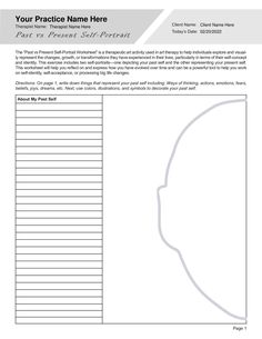 The “Past vs Present Self-Portrait Worksheet” is a therapeutic art activity used in art therapy to help individuals explore and visually represent the changes, growth, or transformations they have experienced in their lives, particularly in terms of their self-concept and identity. This exercise includes two self-portraits—one depicting your past self and the other representing your present self. This worksheet will help you reflect on and express how you have evolved over time and can be a powerful tool to help you work on self identity, self-acceptance, or processing big life changes. Our Art Therapy Past vs Present Self-Portrait Worksheet PDF (Editable, Fillable, Printable) is perfect for counselors, psychologists, psychiatrists, social workers, therapists, and other mental health profe Past Vs Present, Therapeutic Art Activities, Existential Therapy, Couples Therapy Worksheets, Anger Management Worksheets, Gestalt Therapy, Self Esteem Worksheets, Internal Family Systems, Motivational Interviewing