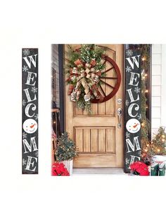 two christmas decorations on the front door of a house