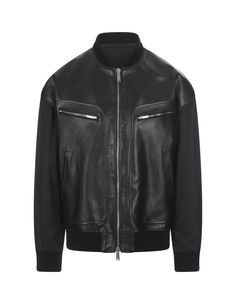 100% Leather 100% Polyamide 100% Cotton 100% Polyester Aviator Leather Jacket, Dean And Dan Caten, Man Clothing, Knit Edge, Leather Jacket Black, Sporty Style, Fashion Labels, Luxury Retail, Italian Fashion