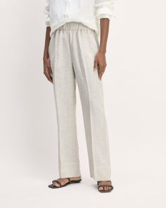 The Linen Easy Pant Stone / White – Everlane Chic Linen Tapered Leg Bottoms, Chic Neutral Linen Bottoms, Chic Linen Bottoms With Tapered Leg, Chic Neutral Linen Pants, Chic Linen Bottoms With Elastic Waistband, Chic Flax Colored Linen Bottoms, Chic Flax Linen Bottoms, Linen Bottoms With Straight Hem For Workwear, Chic Linen Straight Pants