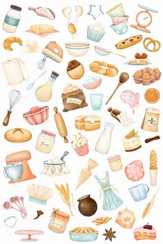 a bunch of different types of food on a white background, including bread and other items