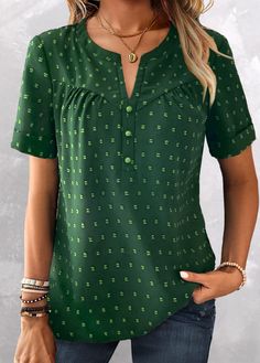 ROTITA Plus Size Button Green Split Neck Blouse Green Non-stretch Short Sleeve Blouse, Blouse Size Chart, Trendy Tops For Women, Elegante Casual, Floral Print Shorts, Women Shirts Blouse, Short En Jean, Green Blouse, Trendy Tops