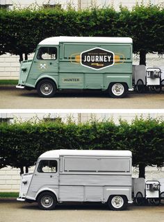 two pictures of a food truck parked next to each other