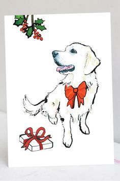 Hand crafted bespoke Golden Retriever Christmas Cards from our custom pet portrait dog illustration greeting card collection! Our Golden Retriever Christmas Card is the perfect way to show loved ones you're thinking of them this holiday season. Wide range of original hand painted pet portraits, birthday cards, greeting cards, and gifts to treat any and every pet person in your life. Click the Link or Shop Now on Etsy.com and pet-portrait-illustration.com! Hand crafted bespoke Golden Retriever Ch Christmas Watercolor Ideas Xmas Cards, Golden Retriever Puppy Christmas Present, Christmas Golden Retriever, Golden Retriever For Christmas, Golden Retriever Drawing, Golden Retriever Christmas Card, Golden Retriever Ornament, Golden Retriever Christmas