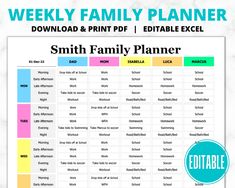 the printable family planner is shown on a marble background