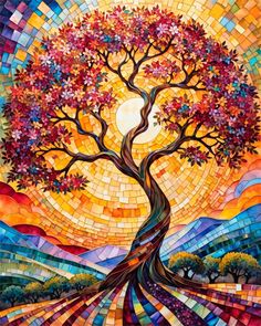 a painting of a tree with the sun in the background and colorful tiles on it