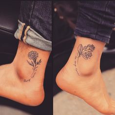 two pictures of the same person's feet with flowers on them and one has a flower tattoo on it