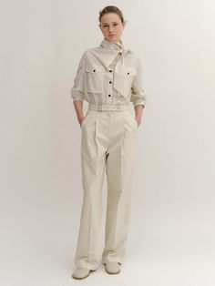 The basic wide pants that made of cotton blended material. Featuring the belted waist, side pockets, and the tuck detail at legs. Style with t-shirts, blouse, or shirts to create minimal daily looks. - High-waisted design with cinch tab and press stud- Zipper closure at front- Oblique pockets at side seam- Tuck detail at legs- Wide leg silhouette and maxi length Androgynous Style, Clothes Style, Quiet Luxury, Business Suit, Wide Pants, Daily Look, Press Studs, Business Fashion, Matching Sets