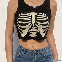 Orcajump - Skeleton Print Tank Top, Casual Cropped Crew Neck Sleeveless Summer Tank Top, Women's Clothing Sassy Outfit, Summer Tank Top, Tank Top Women, Skeleton Print, Print Tank Top, Summer Tank, Summer Tank Tops, Print Tank, Printed Tank Tops