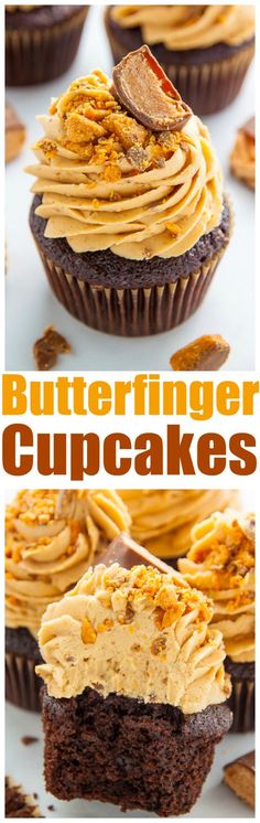 two pictures of cupcakes with peanut butter frosting