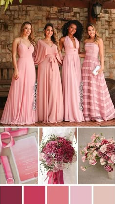 the bridesmaids are wearing pink dresses and holding bouquets