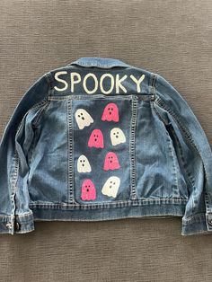 Outfit your little one for halloween! This adorable denim jacket is perfect for the spooky season and more! Upcycled denim - Carters Size 6.  Please reach out for custom painted denim and additional sizing.  Cleaning instructions: spot clean, do not submerged in water Fun Cotton Denim Jacket For Fall, Playful Cotton Denim Jacket For Fall, Playful Denim Jacket For Fall, Customizable Cute Fall Outerwear, Cute Fall Outerwear, Painted Jacket, Painted Denim, Upcycled Denim, Custom Painted