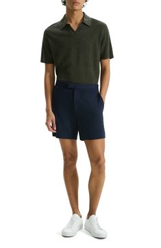 Cut from stretch-enhanced fabric, these shorts made with soft viscose feature a flat front and chino styling that keeps you looking smart at any occasion. 6" inseam; 23" leg opening; 10 3/4" front rise; 15 1/2" back rise Front slant pockets; back welt pockets 64% viscose, 30% nylon, 6% elastane Machine wash, dry flat Imported Modern Bottoms With Built-in Shorts, Fitted Knee-length Shorts For Business Casual, Summer Business Casual Elastane Bottoms, Fitted Bermuda Business Casual Shorts, Modern Short Bottoms For Summer, Fitted Cotton Modern Shorts, Modern Fitted Shorts, Classic Business Casual Summer Shorts, High-waisted Elastane Shorts With 4-way Stretch