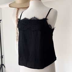 Gorgeous Little Lace Trimmed Cami, Lightweight And Stunning With Adjustable Straps. Item#0156 Black Lace Top With Spaghetti Straps For Spring, Black Lace Top With Spaghetti Straps For Summer, Chic Black Lace Camisole Top, Black Lace Camisole Top For Spring, Black Lace Trim Tank Top For Summer, Black Lace Cami Top For Spring, Black Lace Top Camisole For Spring, Elegant Black Tank Top For Day Out, Elegant Black Lace Top For Summer