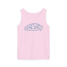 Our Stay Salty Surfboard Tank is made from garment-dyed fabric; this tank features a fun surfboard design and a relaxed fit for ultimate comfort. - 100% Ringspun US cotton- Medium fabric - Comfort Colors 9360 tank- Relaxed fit To keep your shirt's design as beautiful as possible, we recommend gently washing this garment with cold or lukewarm water. You can either tumble dry low or line dry. Relaxed Fit Sleeveless Tank Top With Letter Print, Cotton Letter Print Vest For Streetwear, Cotton Vest With Letter Print For Streetwear, Sleeveless Cotton T-shirt For Beach, Summer Tank Top With Letter Print For Everyday, Beach Tank Vest In Cotton, Beach Cotton Tank Vest, Summer Letter Print Tank Top For Everyday, Everyday Cotton Racerback Tank Top