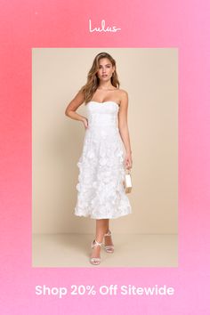 Step out feeling graceful and confident in a perfect dress like the Lulus Delightful Romance White Floral 3D Strapless Lace-Up Midi Dress! Airy woven tulle boasts a plethora of three-dimensional floral applique decorations as it shapes a strapless, bustier-style bodice with hidden no-slip strips and seamed cups. At the back, a slender ribbon laces through metal eyelets for an adorable effect. Fitted waist tops an A-line skirt that falls to a midi hem. Hidden zipper/clasp at side. Fit: This garment fits true to size. Length: Mid-calf length. Size medium measures 40.5" from shoulder to hem. Bust: Great for any cup size. Waist: Fitted - very fitted at natural waist. Hip: Not Fitted - room for hips. Undergarments: May be worn with an adhesive bra, petals, or no bra. Fabric: Fabric has no stret Spring Wedding Guest Strapless Midi Dress, Knee-length Strapless Dress For Spring Wedding, White Strapless Dress For Spring Wedding, White Strapless Wedding Dress For Spring, Spring White Strapless Bridesmaid Dress, White Strapless Dress For Spring Bridesmaid, White Strapless Bridesmaid Dress For Spring, White Knee-length Strapless Wedding Dress, Ribbon Laces