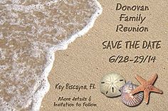 save the date card with starfish and seashells on sand near ocean waves