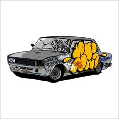 an old car with graffiti on it and some yellow bananas painted on the front bumper