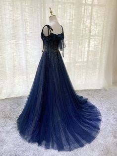 Blue Sequined Evening Ball Gown, Floor-length Tulle Evening Dress, Blue Tulle Ball Gown For Homecoming, Sequin Tulle Gown For Evening, Evening Gown With Sequins And Tulle, Blue Tulle Evening Dress For Prom, Blue Tulle Gown With Sequins, Blue Sequined Tulle Gown, Tulle Ball Gown With Sweep Train For Evening