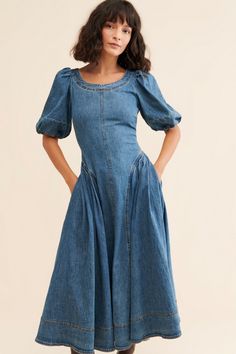 Puff-Sleeve Seamed Denim Dress | Nuuly Denim Dress Maxi, 70s Denim Dress, Nuuly Outfit Ideas, Denim Dress Fall, Wearing Outfits, Pastel Witch, Vintage Denim Dress, Rent Dresses, Holy Chic