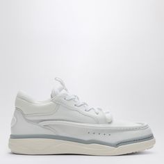 Sneakers by Valentino Garavani in white calf leather and fabric featuring a round toe with embossed stitching, lace-up fastening, Vlogo detail on tongue and back and a rubber sole. Coloured Leather Jacket, Loewe Puzzle Bag, Denim Bows, Black Leather Loafers, Bow Shirts, Shirt Bag, Raffia Bag, Flat Sneakers, Boot Pumps