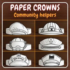 the paper crowns community helpers are designed to look like baseball caps with different designs on them