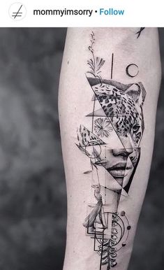 a woman's leg with an abstract tattoo design on the side of her thigh